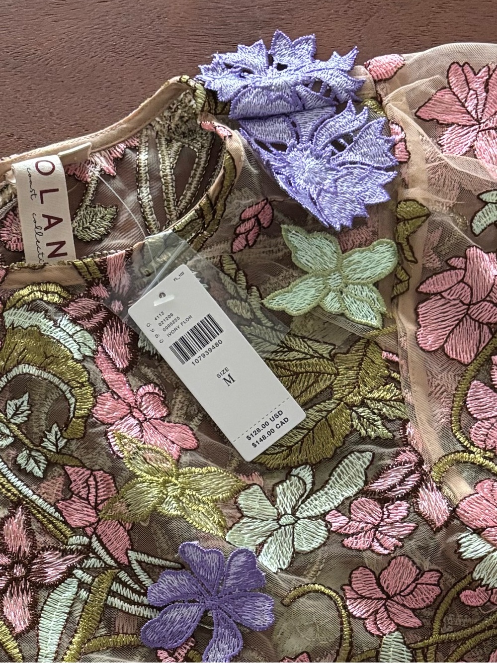 Anthropologie Sheer Floral Embroidered Cap-Sleeve Blouse in Pink and Green - Picture 2 of 4